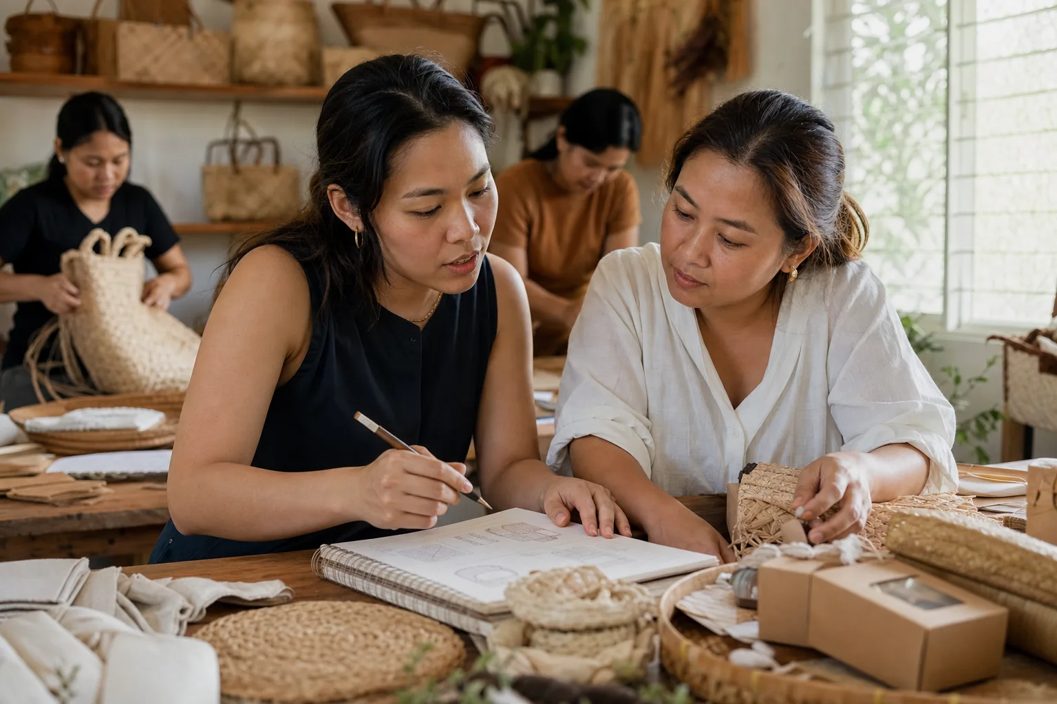 Filipino creative director collaborating with a local entrepreneur in her workshop