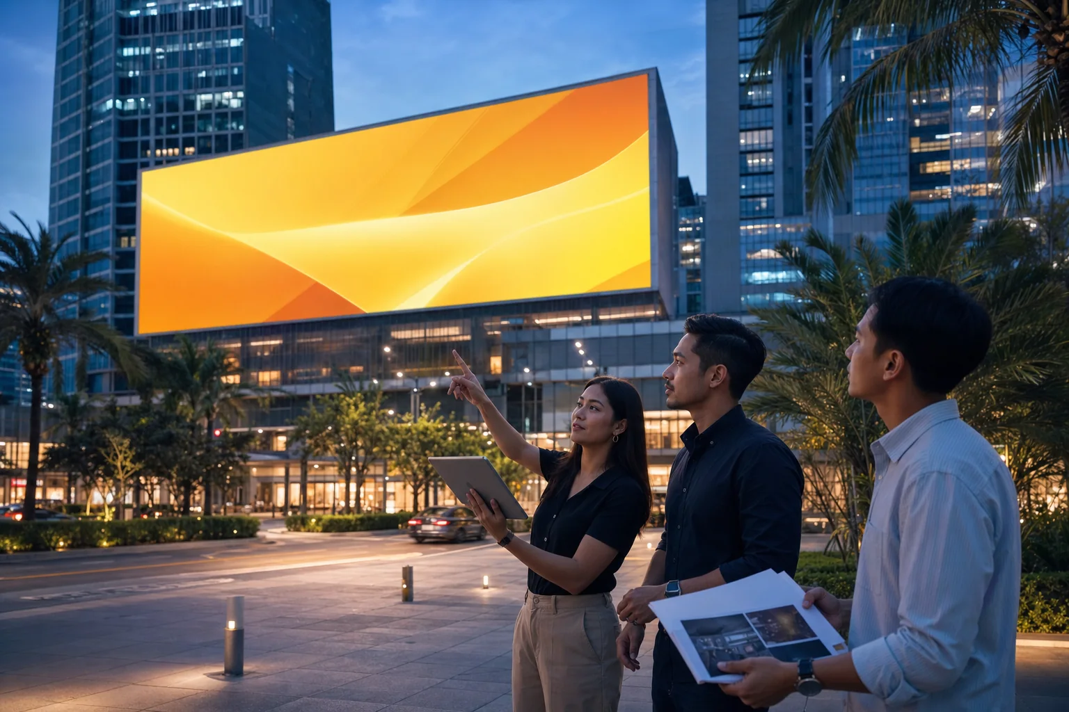 Filipino media team reviewing an outdoor campaign in BGC
