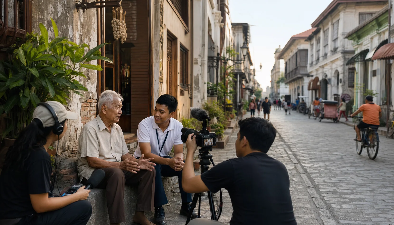 Filipino communications team documenting a community story in Vigan